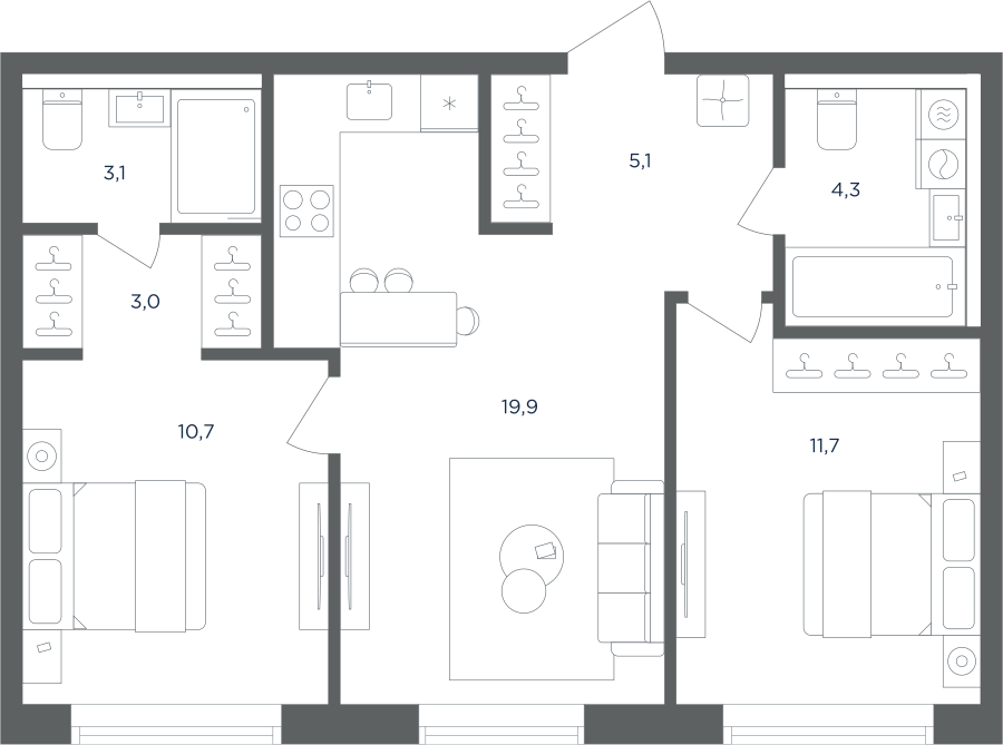 Планировка 2-комнатная квартира в ЖК "Равновесие"