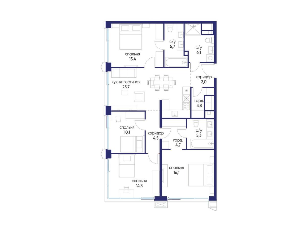 Планировка 4-комнатная квартира в ЖК "Остров"