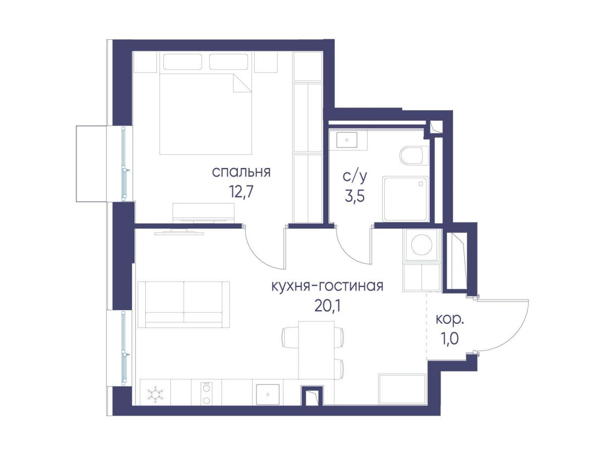 Планировка 1-комнатная квартира в ЖК "Символ"
