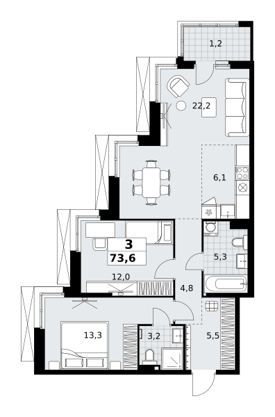 Планировка 3-комнатная квартира в ЖК "Дзен-кварталы"