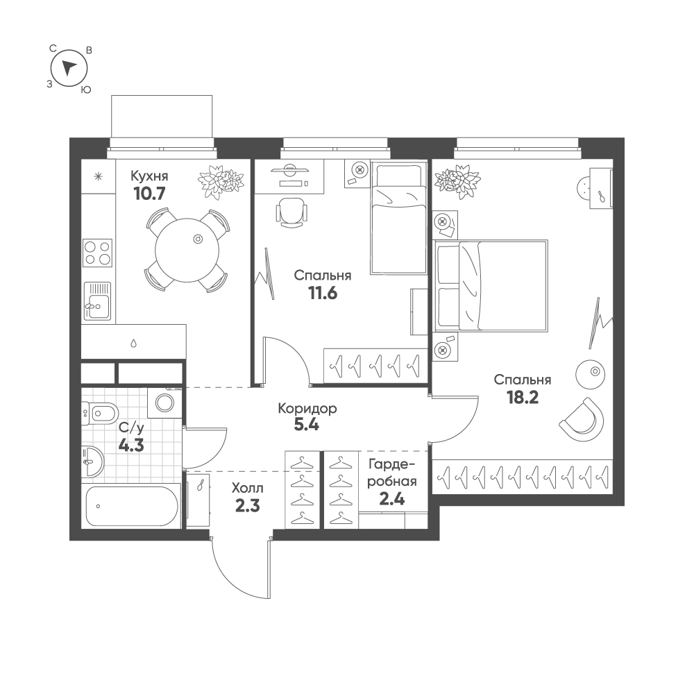Планировка 2-комнатная квартира в ЖК Shagal (Шагал)