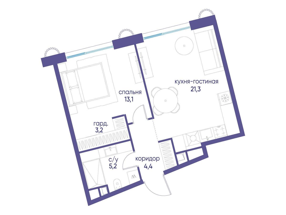 Планировка 1-комнатная квартира в ЖК "Остров"