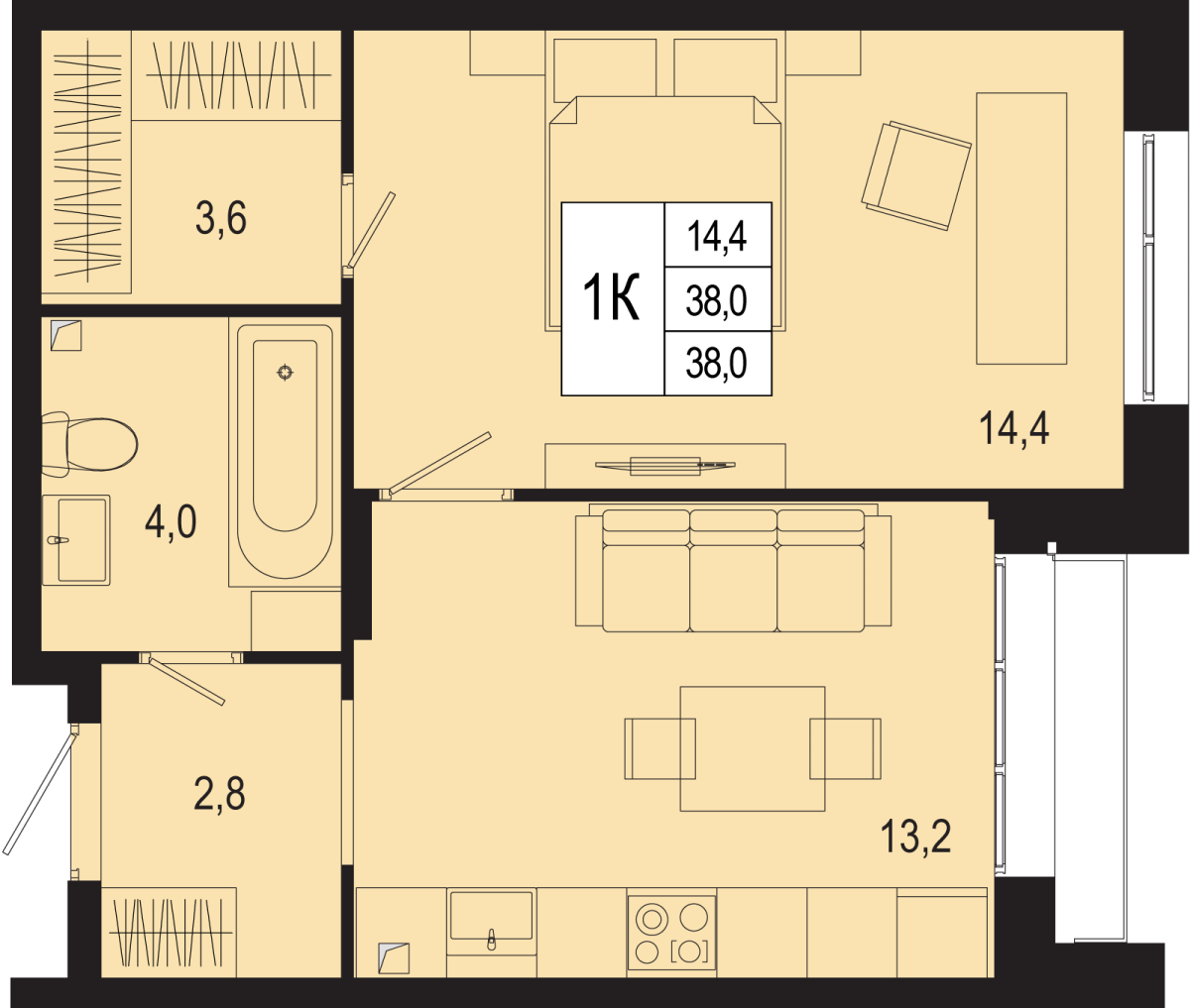Планировка 1-комнатная квартира в ЖК "Новая Щербинка"