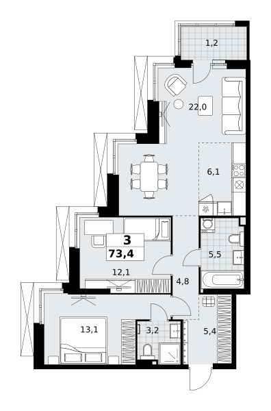 Планировка 3-комнатная квартира в ЖК "Дзен-кварталы"