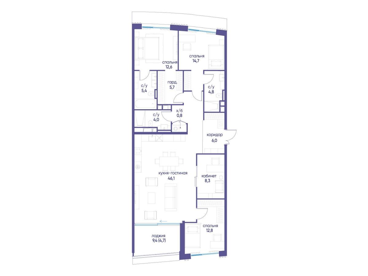 Планировка 4-комнатная квартира в ЖК "Остров"