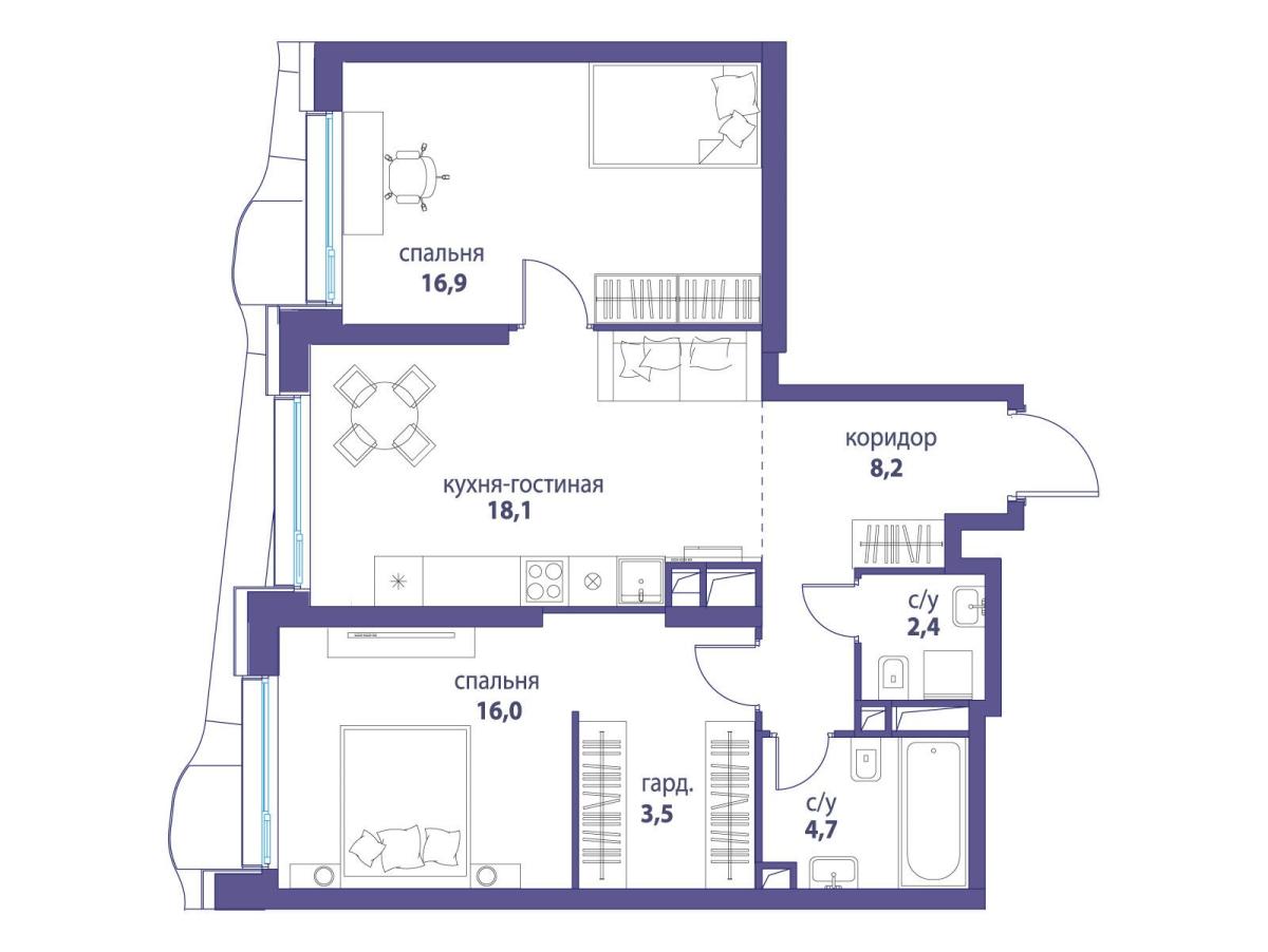 Планировка 2-комнатная квартира в ЖК "Символ"