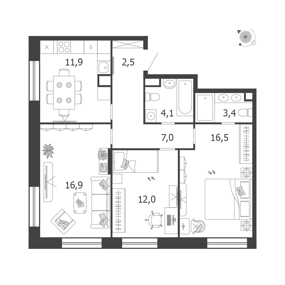 Планировка 3-комнатная квартира в ЖК Shagal (Шагал)