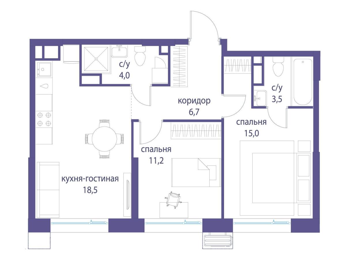 Планировка 2-комнатная квартира в ЖК "Символ"