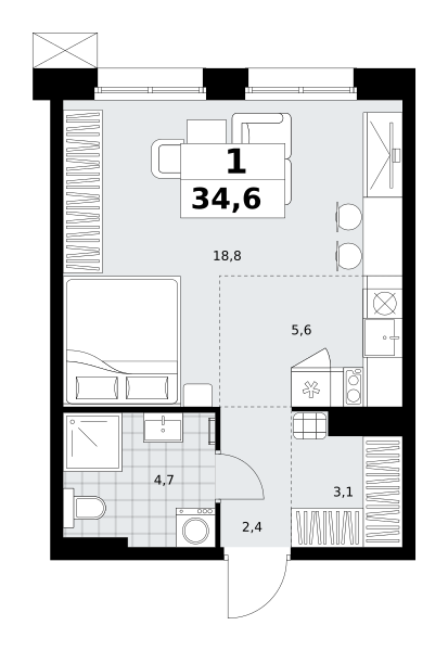 Планировка 1-комнатная квартира в ЖК "Дзен-кварталы"