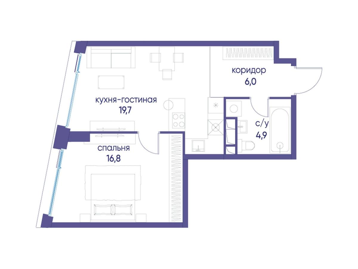 Планировка 1-комнатная квартира в ЖК "Остров"