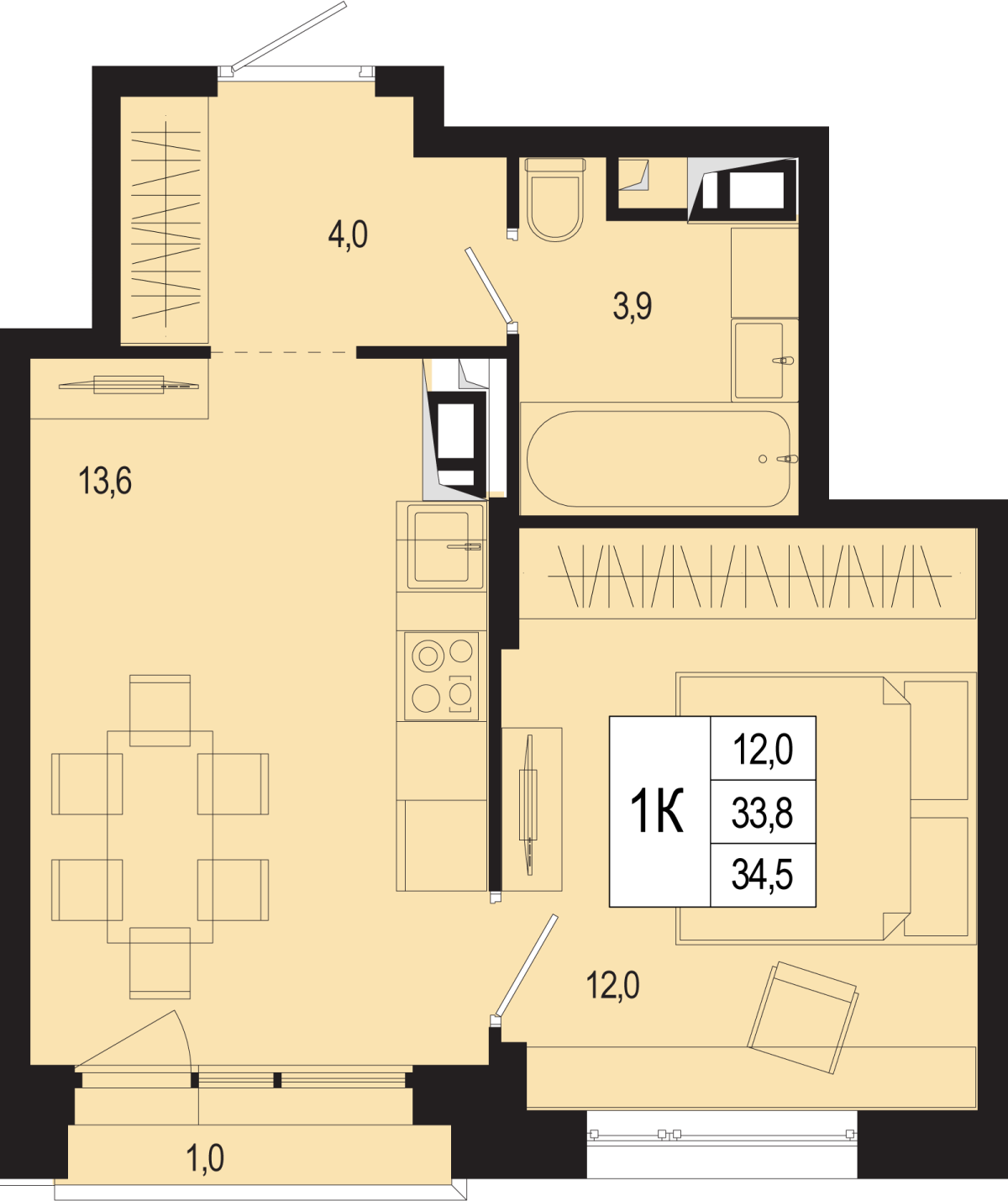 Планировка 1-комнатная квартира в ЖК "Новая Щербинка"