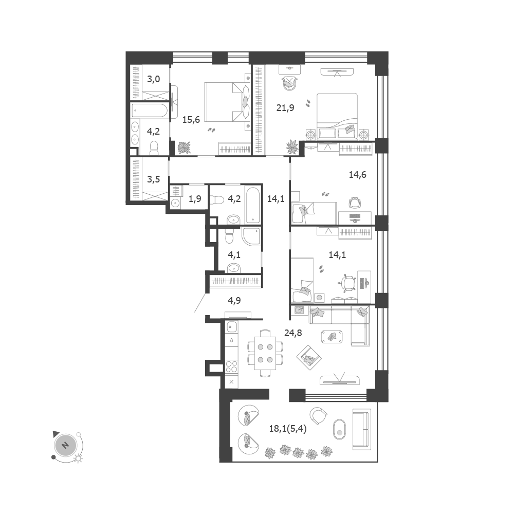 Планировка 4-комнатная квартира в ЖК Shagal (Шагал)