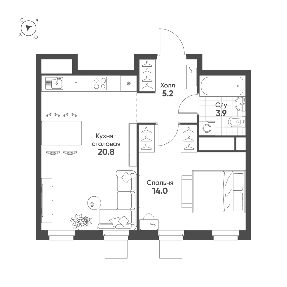 Планировка 1-комнатная квартира в ЖК Shagal (Шагал)