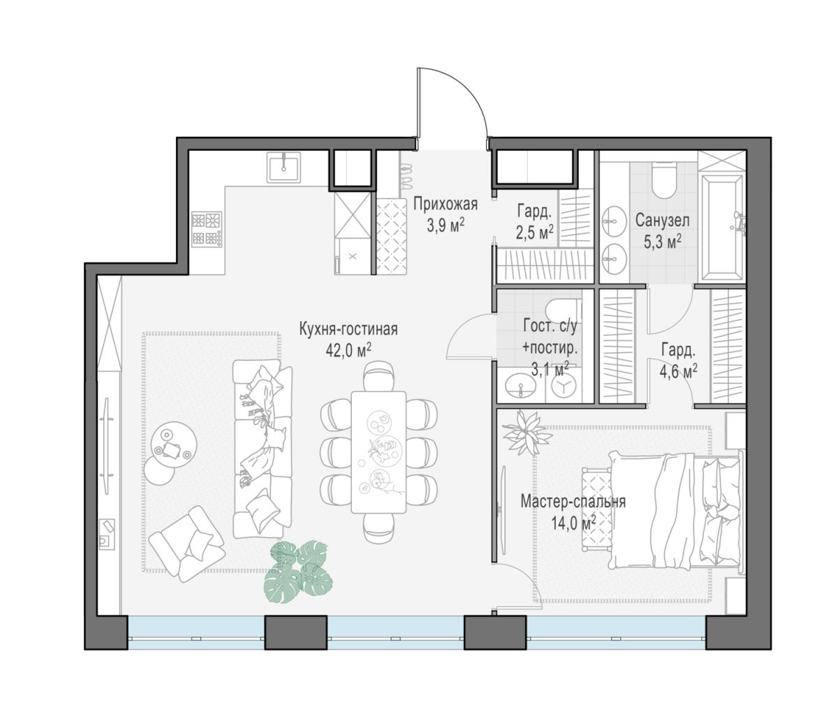 Планировка 3-комнатная квартира в ЖК West Garden (Вест Гарден)