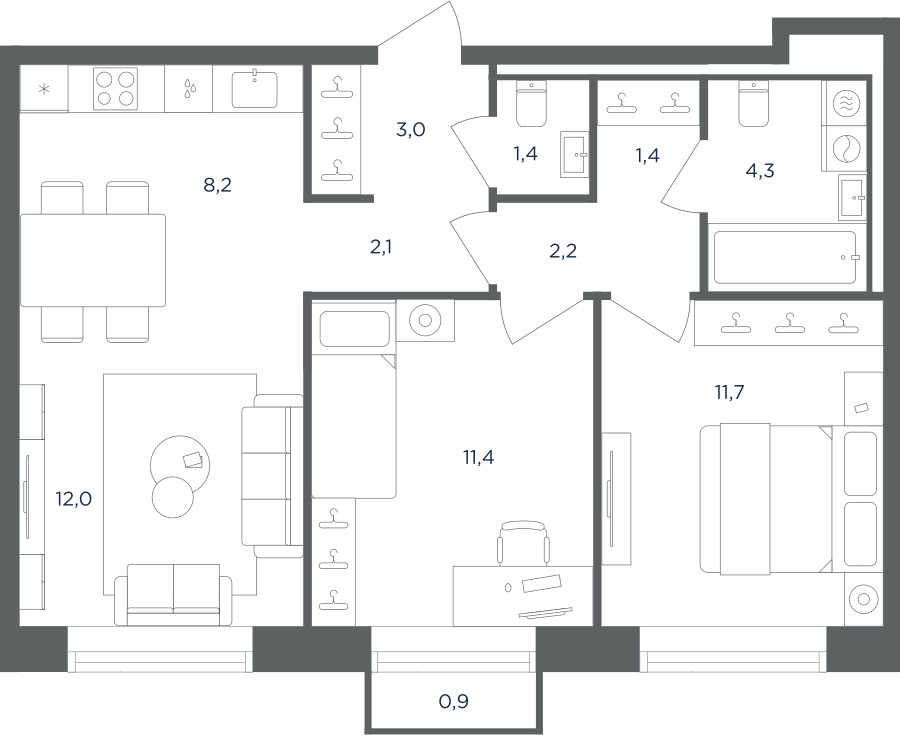 Планировка 3-комнатная квартира в ЖК "Равновесие"
