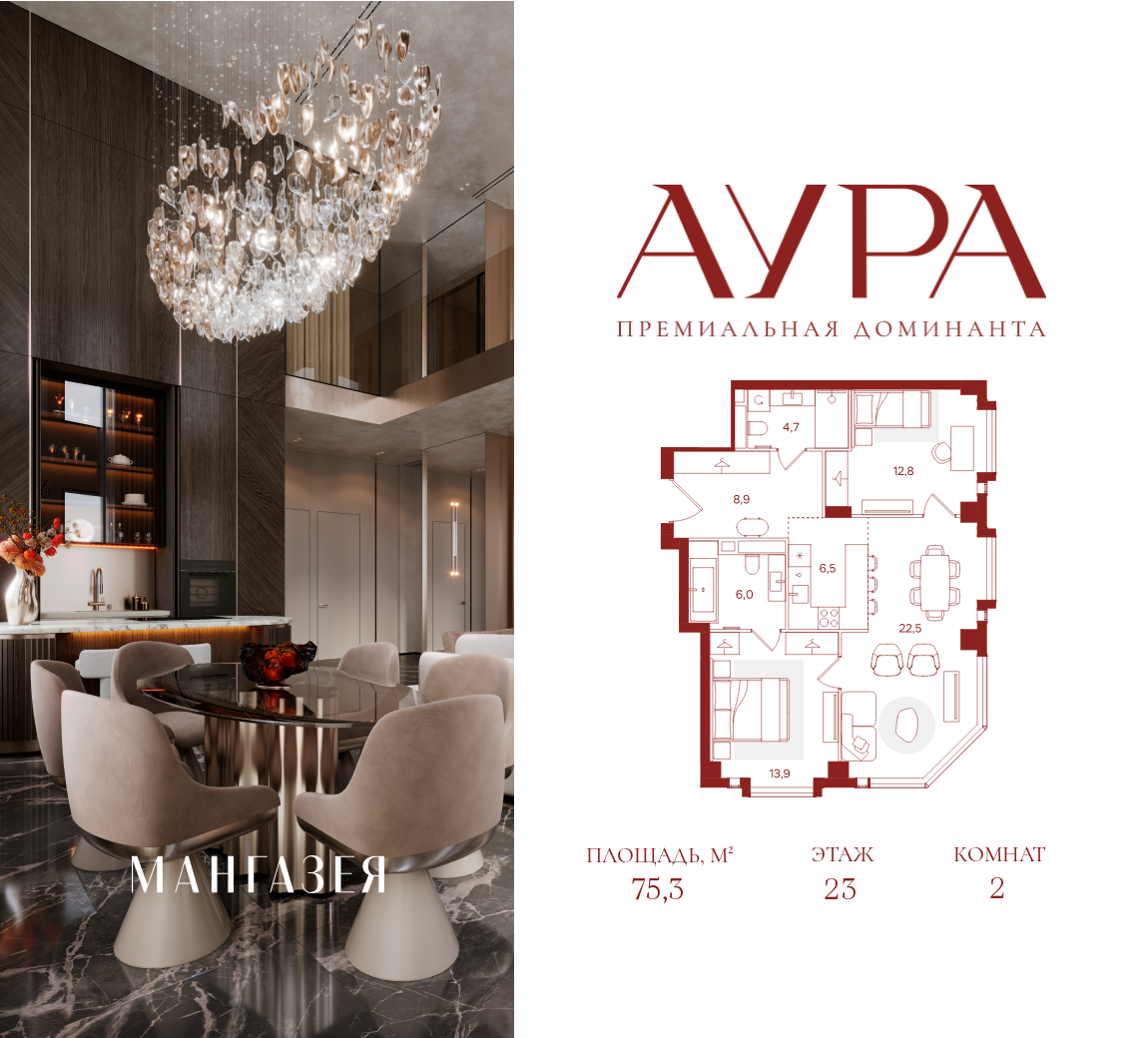 Планировка 2-комнатная квартира в ЖК "АУРА" (Мангазея на Тульской)