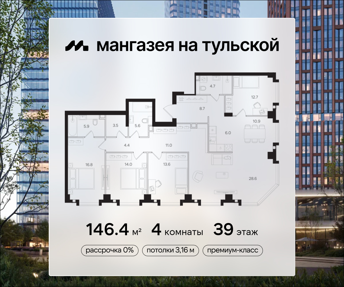 Планировка 4-комнатная квартира в ЖК "Мангазея на Тульской"