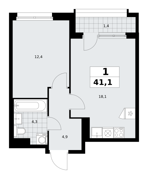 Планировка 1-комнатная квартира в ЖК "Прокшино"