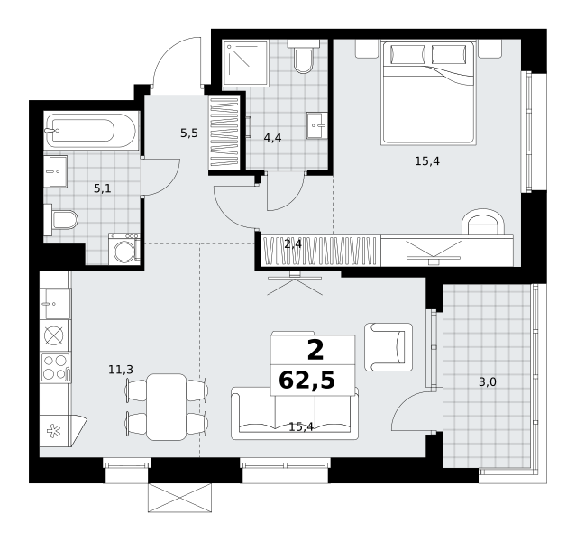 Планировка 2-комнатная квартира в ЖК "Дзен-кварталы"
