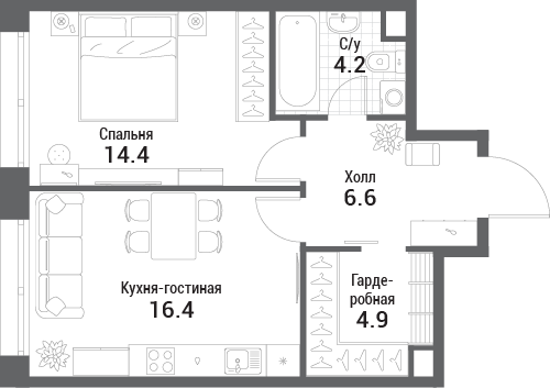 Планировка 1-комнатная квартира в ЖК Nagatino i-Land (Нагатино ай-лэнд)