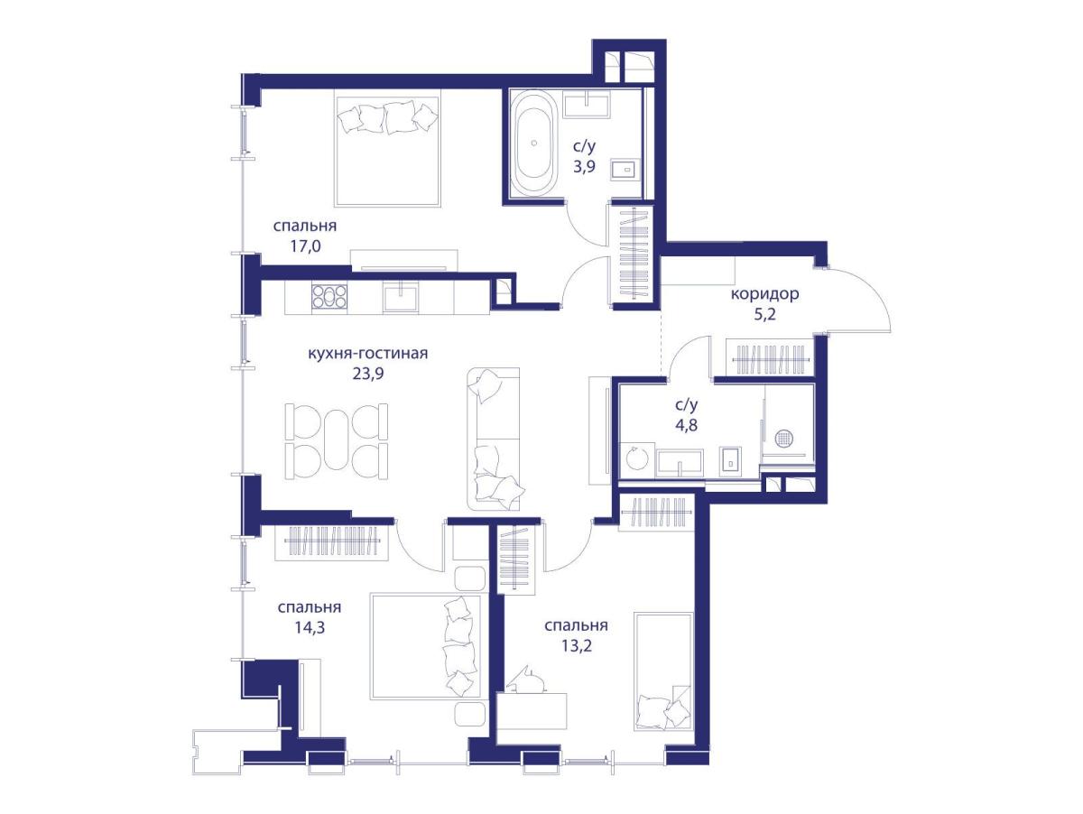 Планировка 3-комнатная квартира в ЖК "Событие"