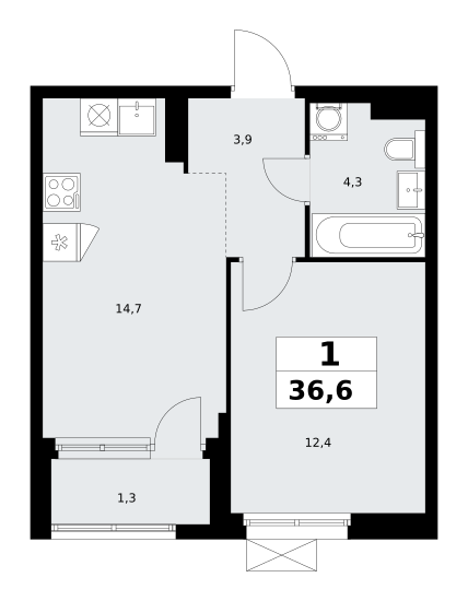 Планировка 1-комнатная квартира в ЖК "Прокшино"