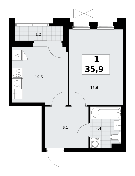 Планировка 1-комнатная квартира в ЖК "Прокшино"