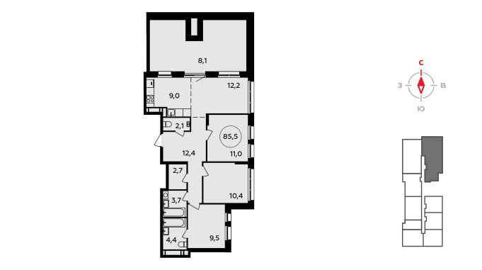 Планировка 4-комнатная квартира в ЖК "Прокшино"