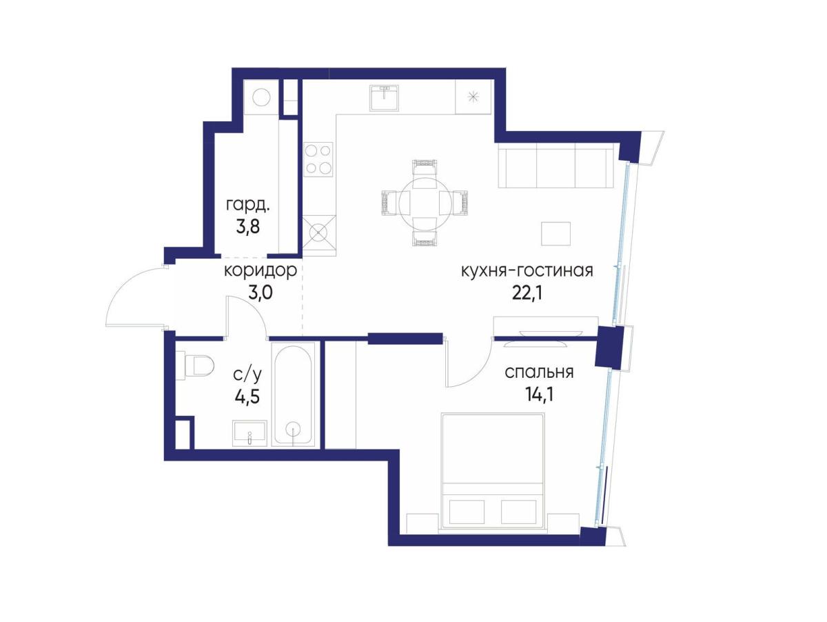 Планировка 1-комнатная квартира в ЖК "Остров"