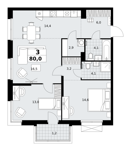 Планировка 3-комнатная квартира в ЖК "Дзен-кварталы"
