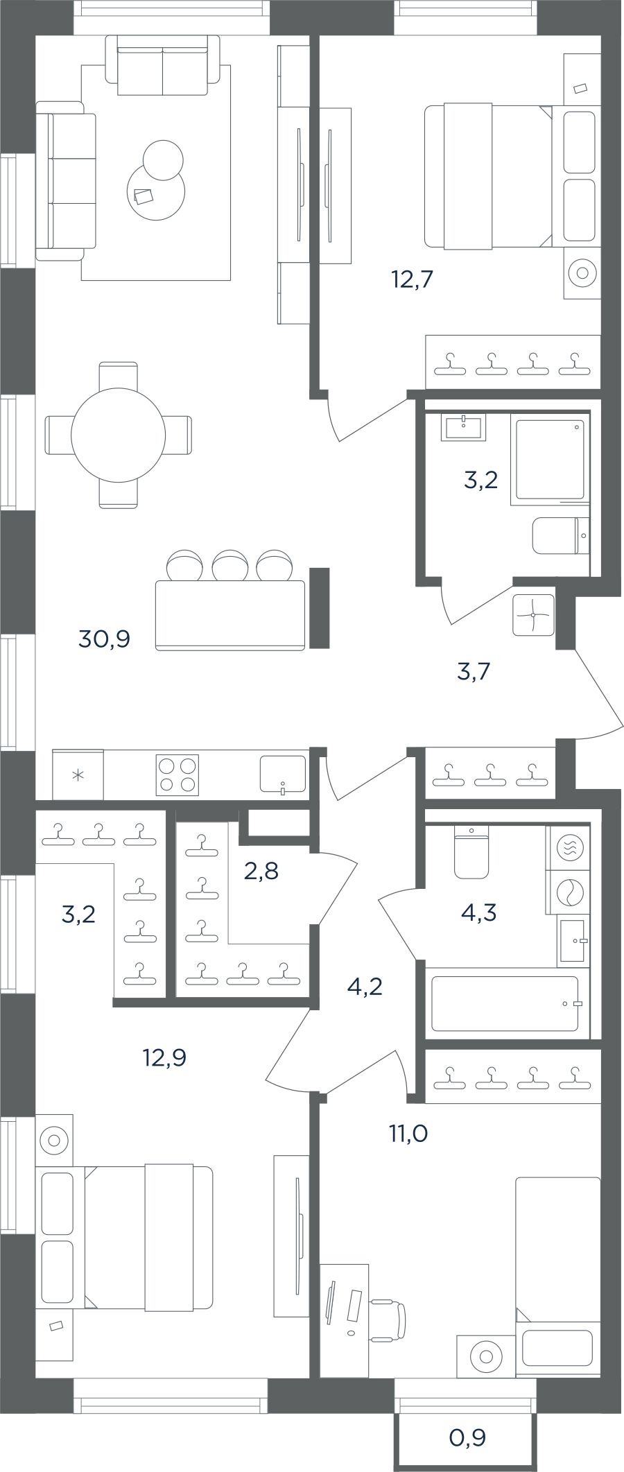 Планировка 3-комнатная квартира в ЖК "Равновесие"