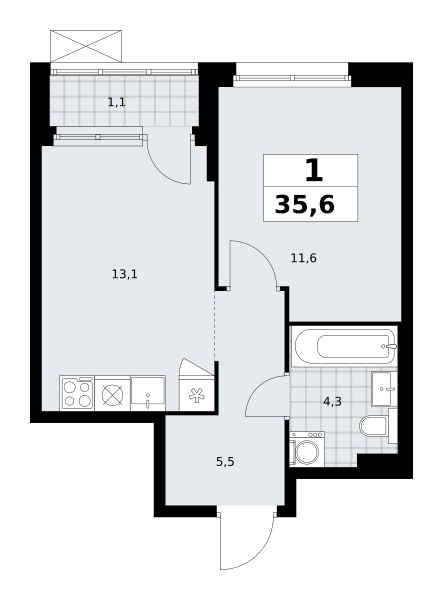 Планировка 1-комнатная квартира в ЖК "Прокшино"