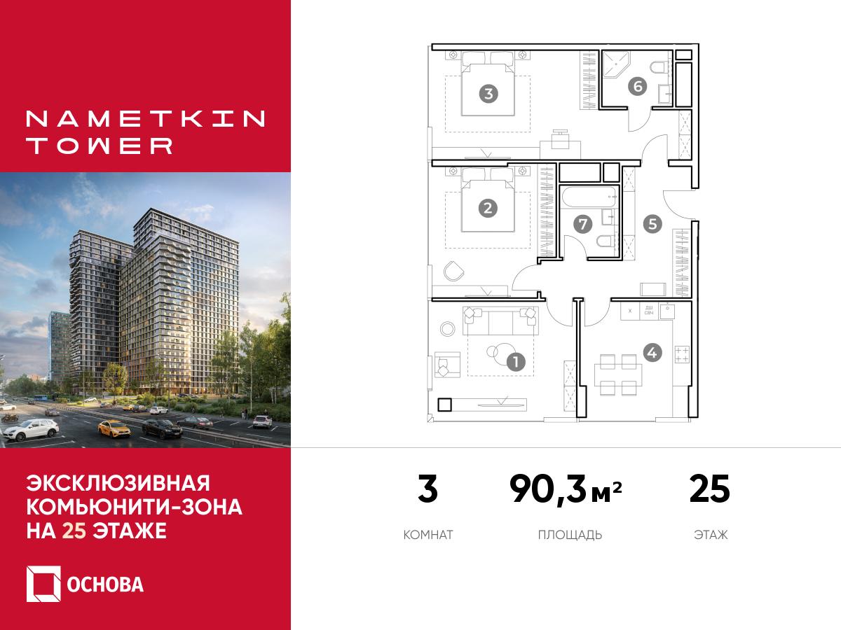 Планировка 3-комнатная квартира в ЖК Nametkin Tower (Наметкин Тауэр)