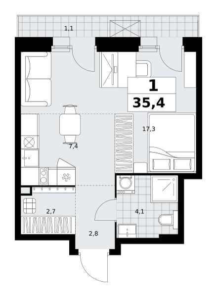 Планировка 1-комнатная квартира в ЖК "Дзен-кварталы"