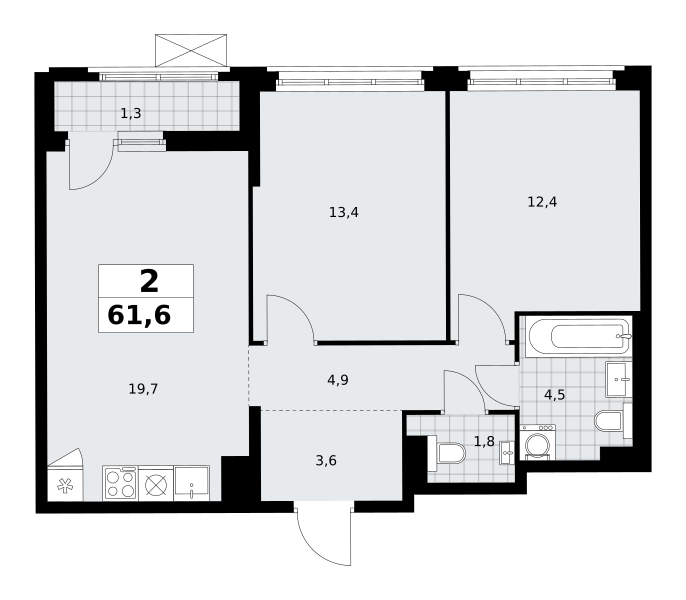 Планировка 2-комнатная квартира в ЖК "Прокшино"