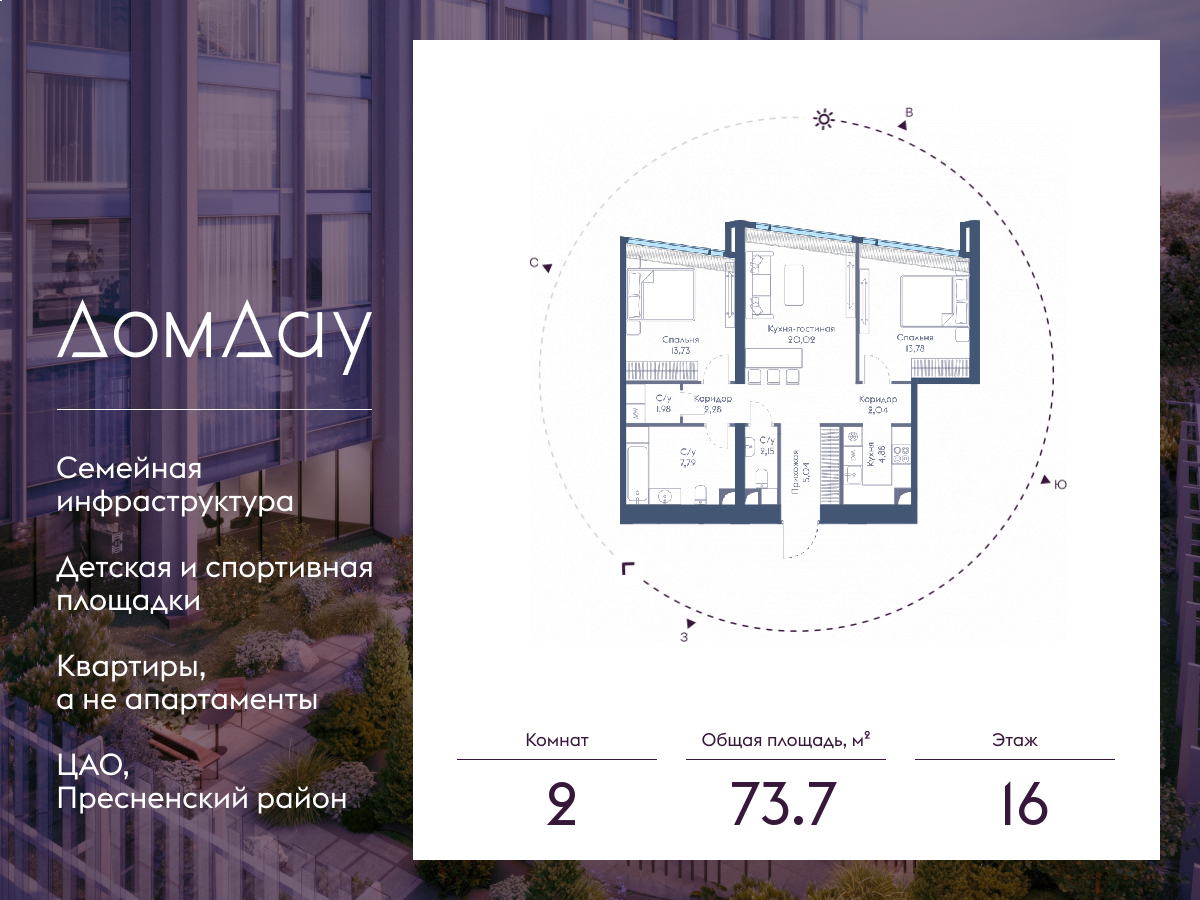 Планировка 2-комнатная квартира в ЖК "Дом Дау"