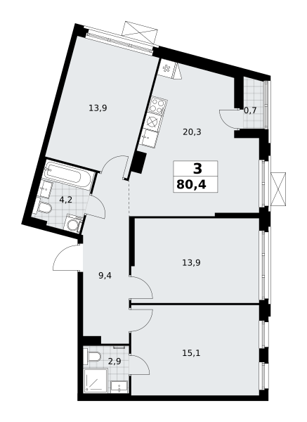 Планировка 3-комнатная квартира в ЖК "Прокшино"