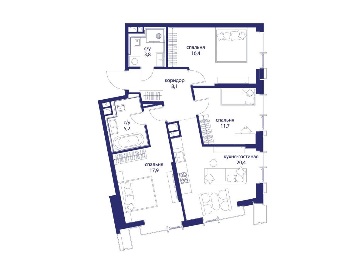 Планировка 3-комнатная квартира в ЖК "Событие"
