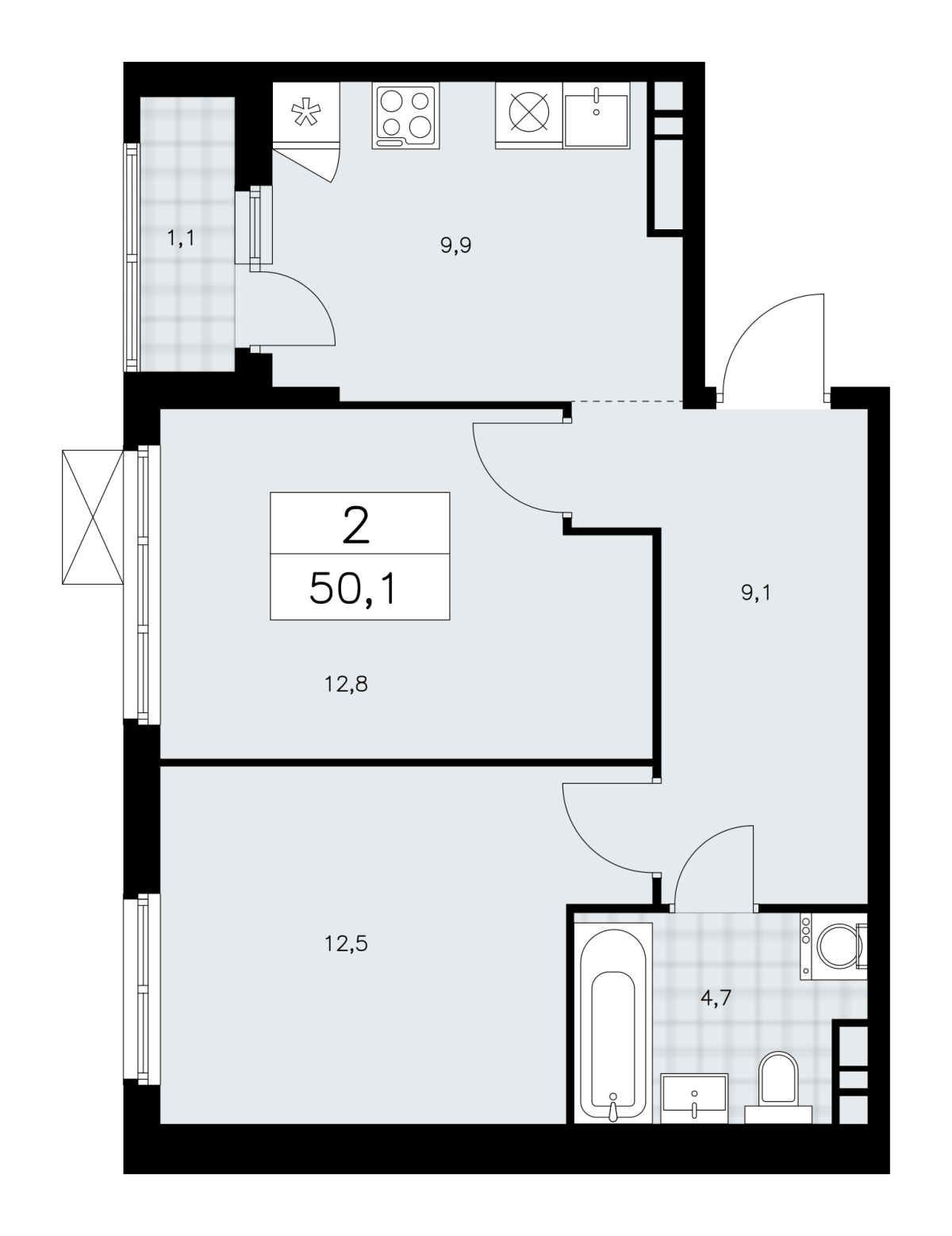 Планировка 2-комнатная квартира в ЖК "Прокшино"