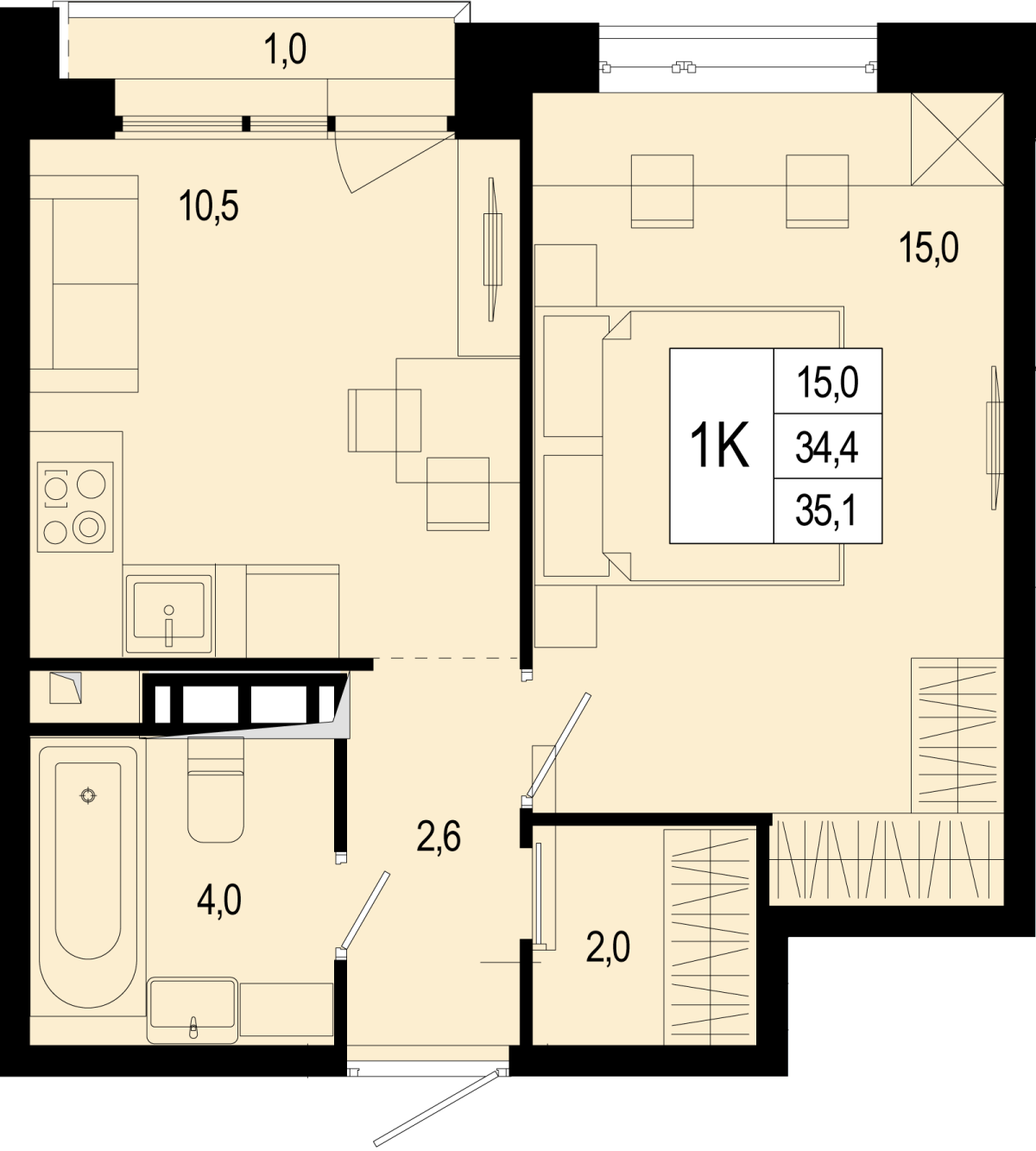 Планировка 1-комнатная квартира в ЖК "Новая Щербинка"