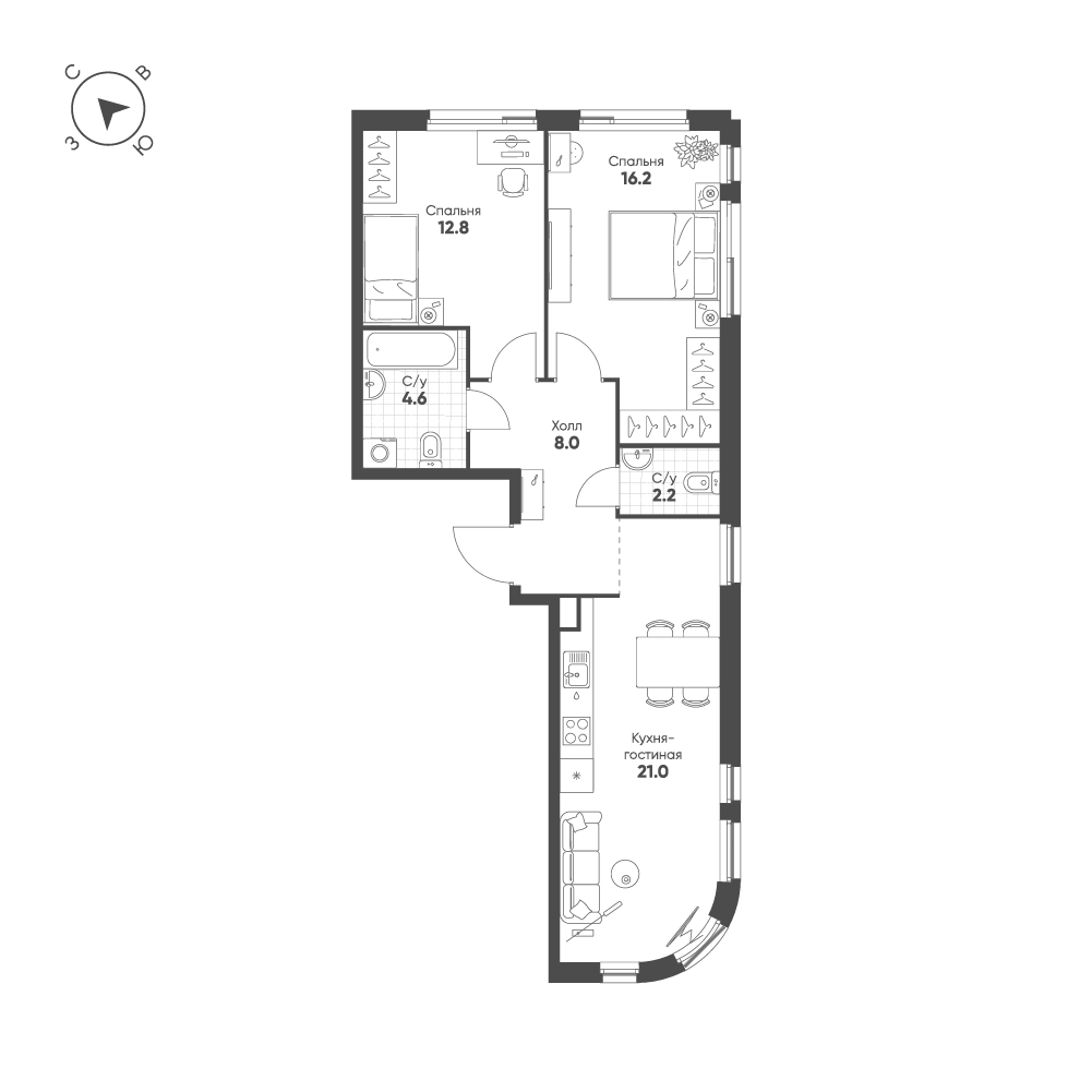Планировка 2-комнатная квартира в ЖК Shagal (Шагал)