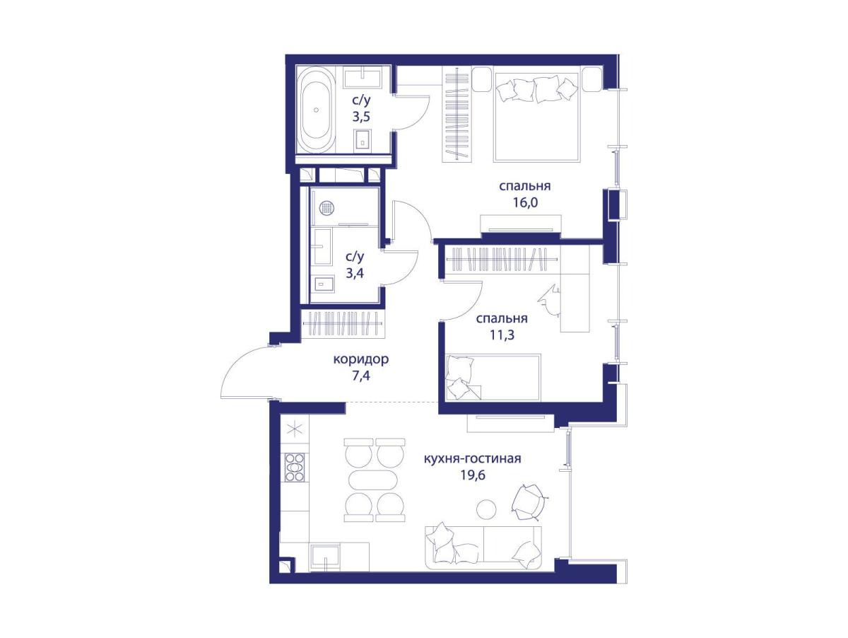 Планировка 2-комнатная квартира в ЖК "Событие"