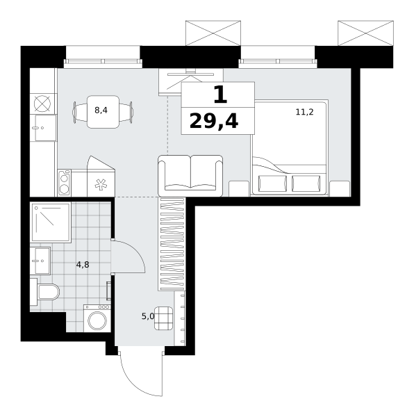 Планировка 1-комнатная квартира в ЖК "Дзен-кварталы"