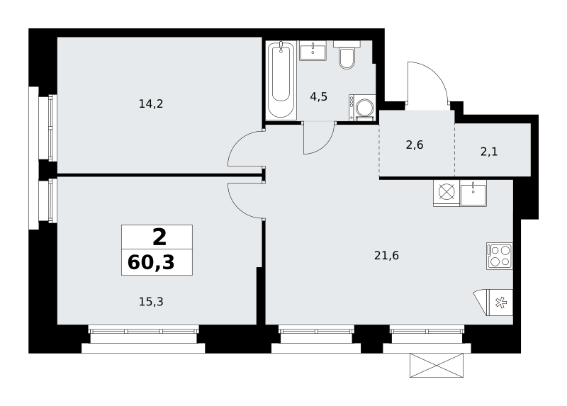 Планировка 2-комнатная квартира в ЖК "Прокшино"