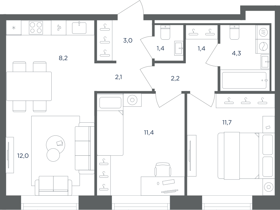 Планировка 3-комнатная квартира в ЖК "Равновесие"