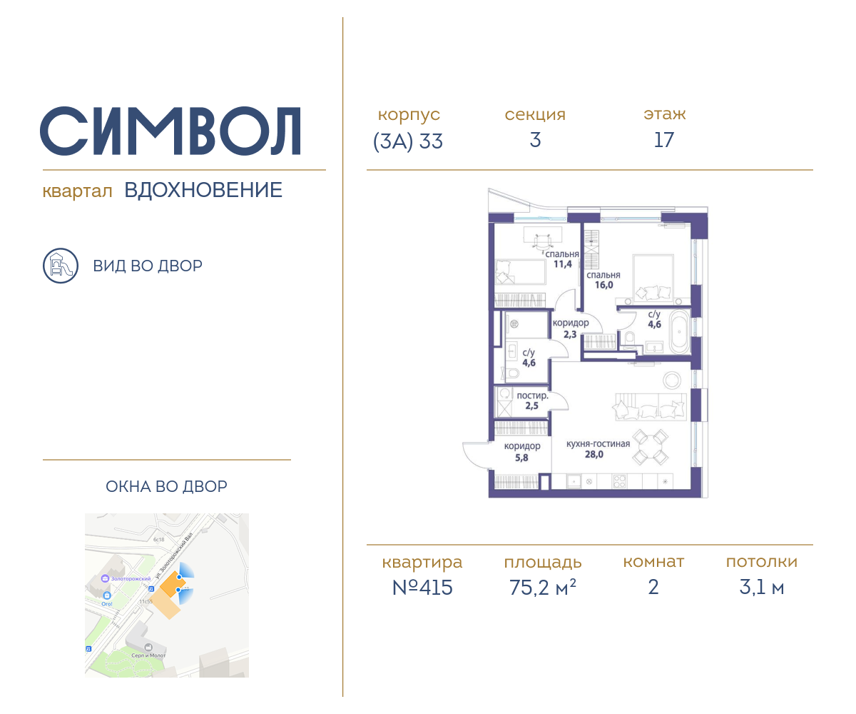 Планировка 2-комнатная квартира в ЖК "Символ"