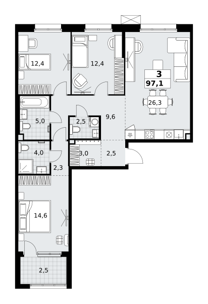 Планировка 3-комнатная квартира в ЖК "Дзен-кварталы"