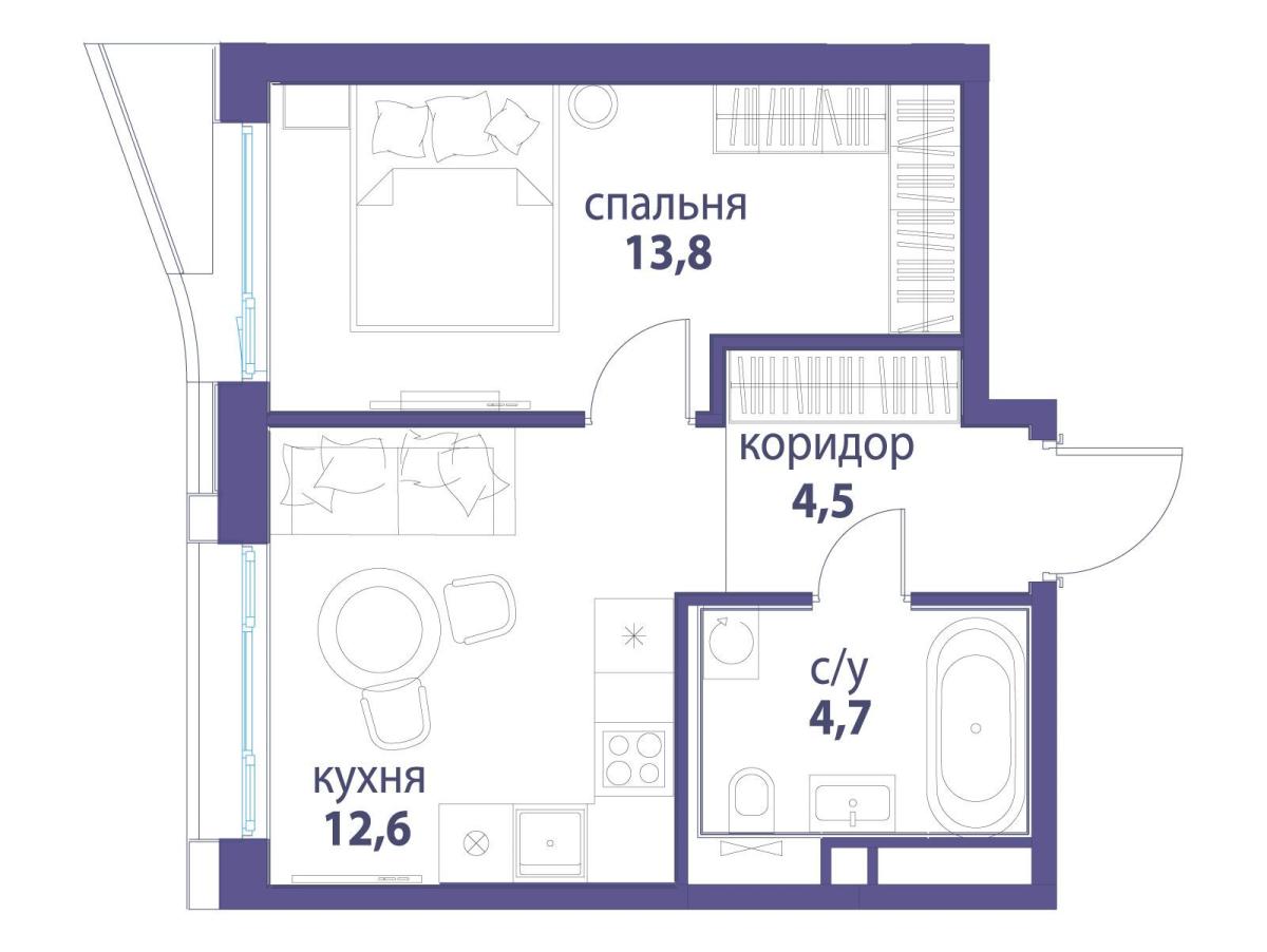 Планировка 1-комнатная квартира в ЖК "Символ"