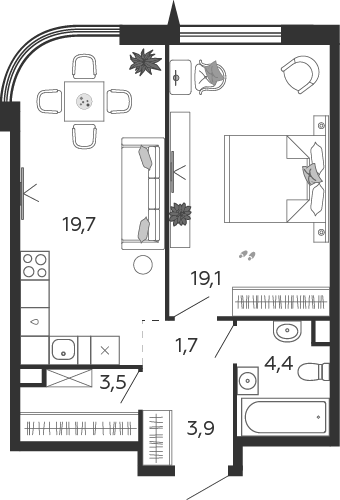 Планировка 1-комнатная квартира в ЖК Shagal (Шагал)