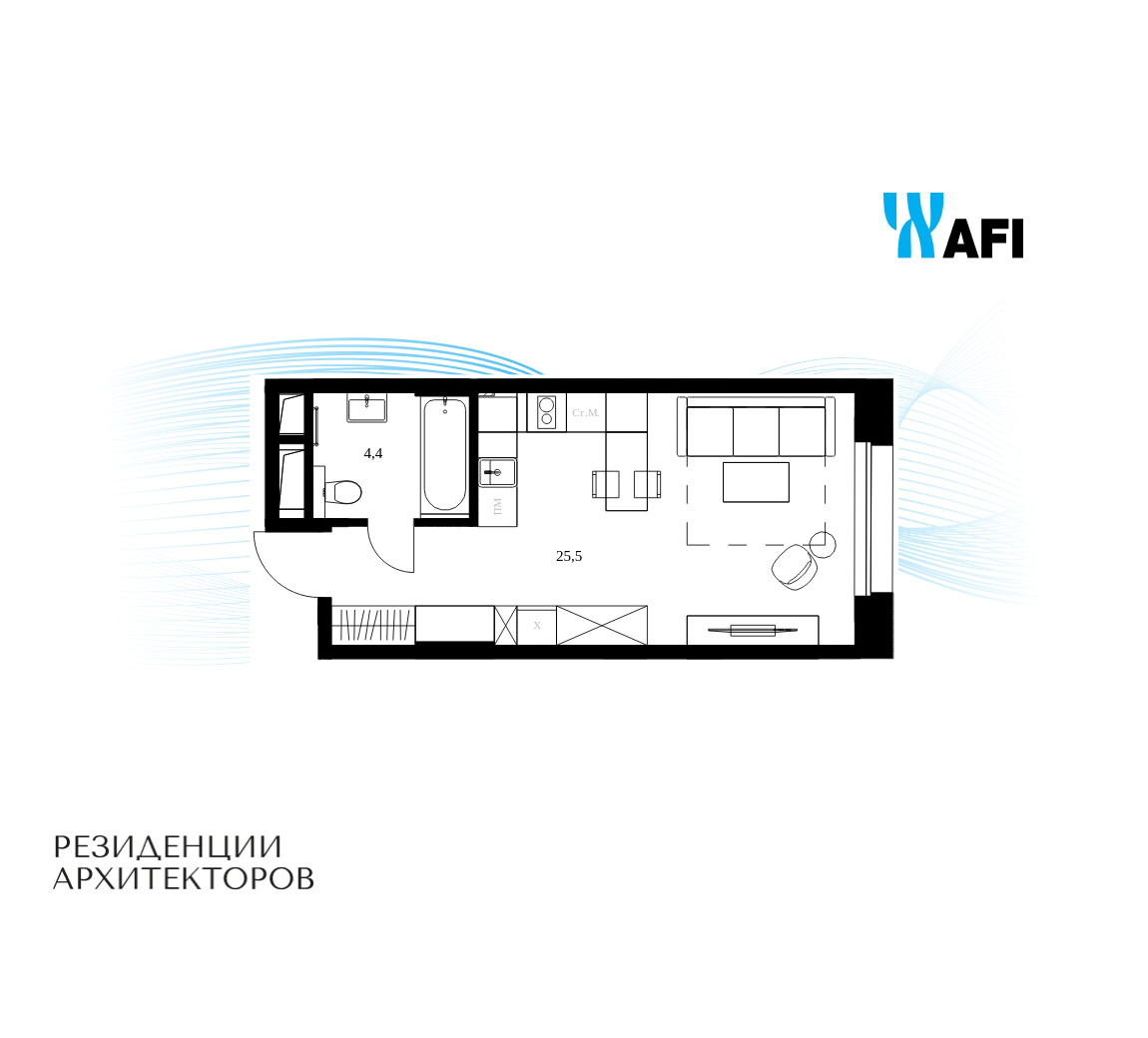 Планировка Студийная планировка в ЖК "Резиденции Архитекторов"